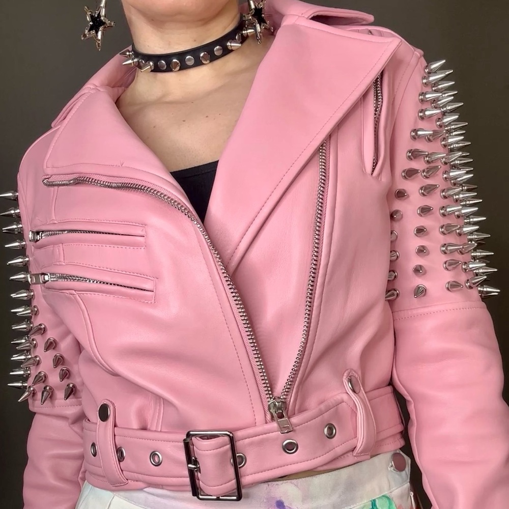 Killstar Disharmony Spike Studded Pink Vegan Leather Moto Jacket - Picture 2 of 13